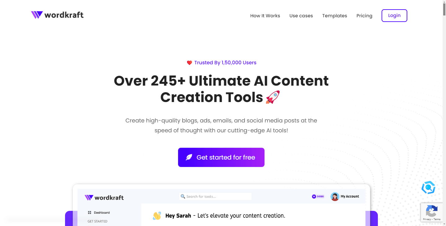 Screenshot of the Wordkraft AI landing page, highlighting its AI content creation tools and user base.