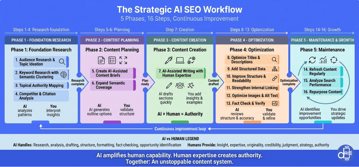 A horizontal process flowchart titled "The Strategic AI SEO Workflow," detailing 5 distinct phases and 16 steps for a continuous improvement loop. Phase 1 (Foundation Research) covers audience ideation and topical mapping where AI analyzes patterns while humans interpret insights. Phase 2 (Content Planning) involves AI-assisted briefs and semantic expansion. Phase 3 (Content Creation) highlights the "AI + Human = Authority" formula. Phase 4 (Optimization) focuses on technical structure, schema, and fact-checking. Phase 5 (Maintenance & Growth) illustrates a circular loop of refreshing content and repurposing. A legend at the bottom distinguishes AI tasks (research, drafting, formatting) from Human tasks (insight, expertise, strategy, and judgment).