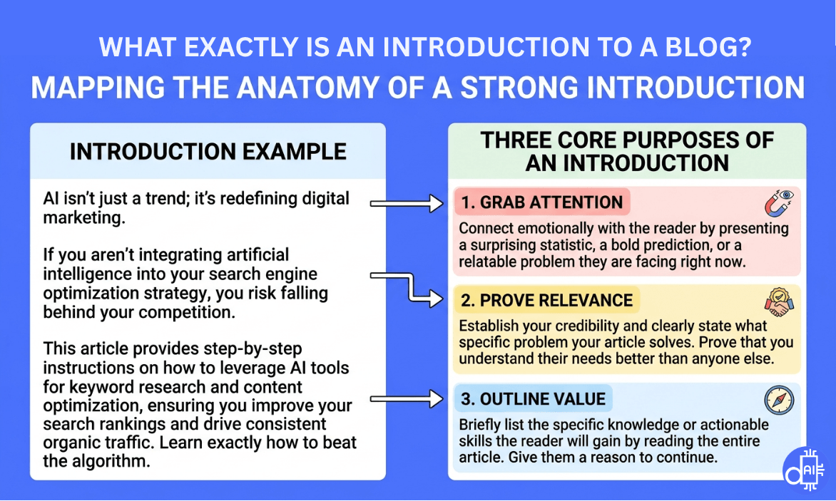Diagram showing the anatomy of a strong blog introduction example with three core purposes: grab attention, prove relevance, and outline value.