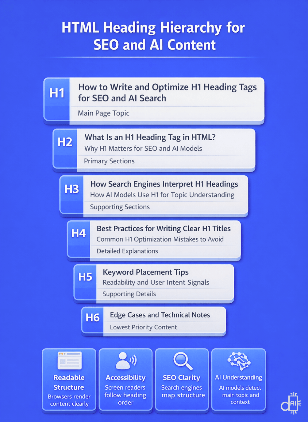 A professional infographic titled HTML Heading Hierarchy for SEO and AI Content on a blue background. The visual displays a cascading hierarchy from H1 to H6, using clear examples like "Main Page Topic" for H1 and "Supporting Sections" for H3. The bottom of the graphic features four icons explaining the core benefits: Readable Structure for browsers, Accessibility for screen readers, SEO Clarity for search engines, and AI Understanding for LLMs to detect the main topic and context.