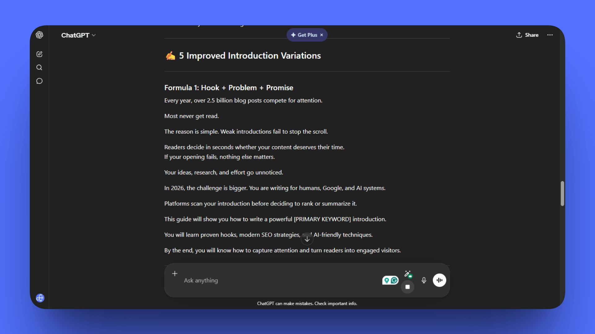 A ChatGPT interface showing "5 Improved Introduction Variations" using the Hook + Problem + Promise formula. The AI-generated text explains how to capture attention and turn readers into visitors in 2026.