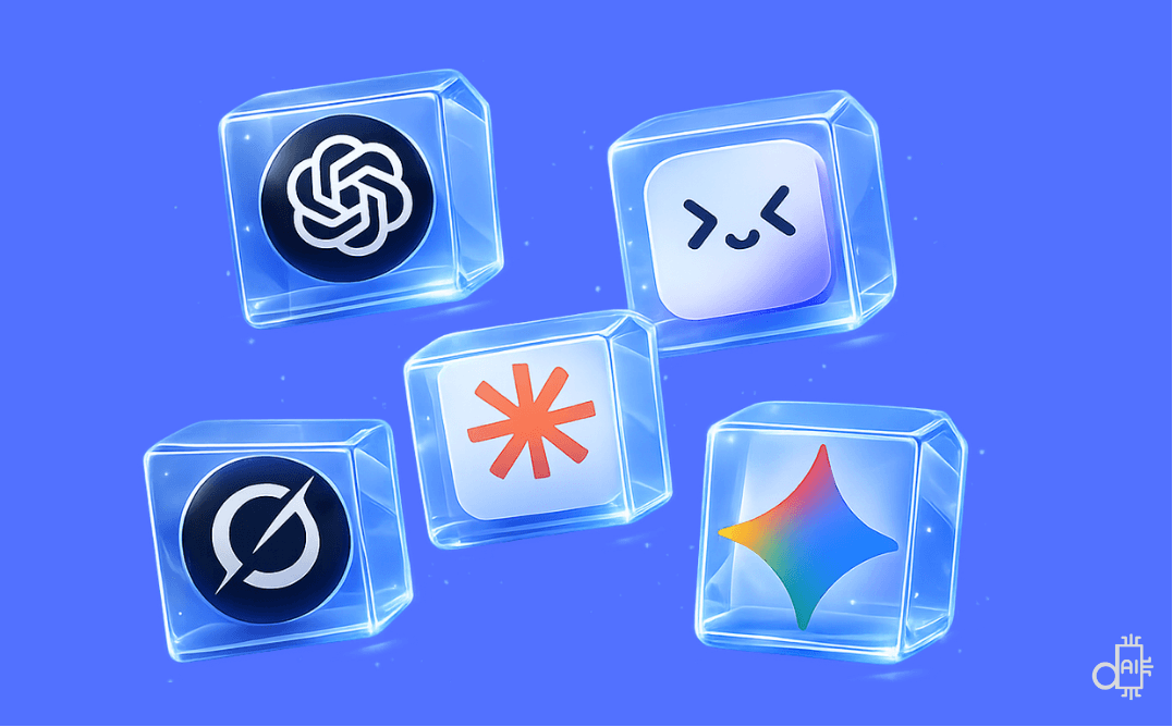 A creative illustration on a blue background featuring five translucent 3D glass cubes, each containing the logo of a major AI model, including ChatGPT, Claude, Gemini, and Perplexity. This graphic represents the power of using these platforms as flexible h1 title generators that offer unlimited customization and deep contextual understanding for content planning.