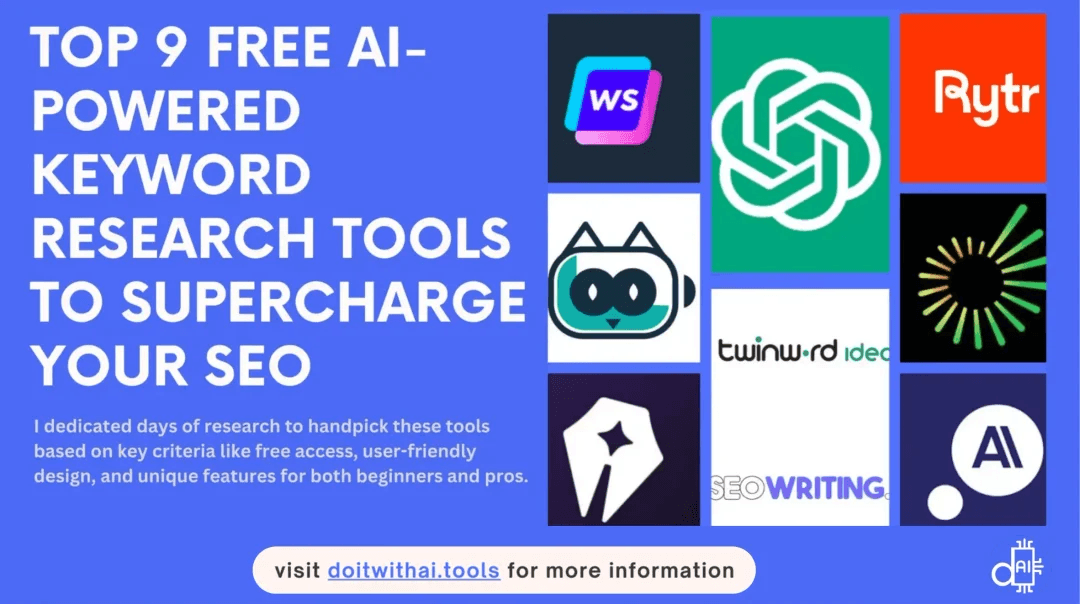 A promotional feature image for "Top 9 Free AI-Powered Keyword Research Tools to Supercharge Your SEO." The graphic displays a collage of industry-leading AI tool logos, including Writesonic, ChatGPT, Rytr, SEOWriting.ai, and others. The design uses a professional blue and white color scheme with the "Do It With AI Tools" branding.