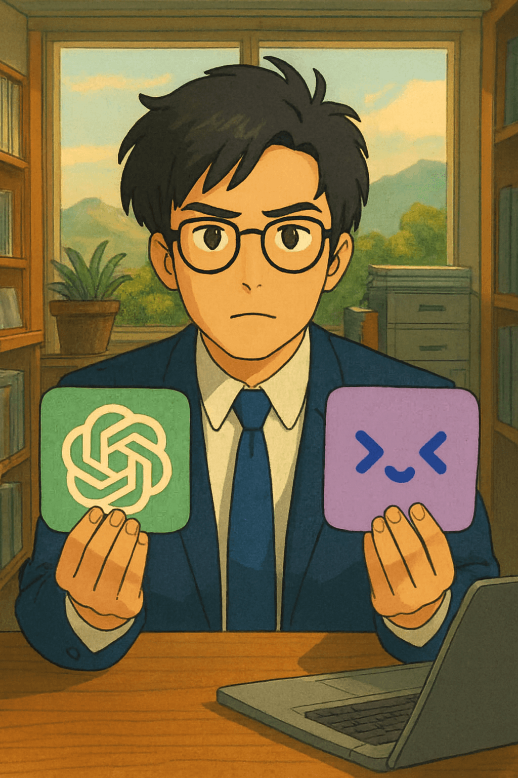 Conceptual illustration in Ghibli style of a male marketer in an office, thoughtfully weighing the choice between two AI tools: holding the ChatGPT logo (representing standalone power) and the Merlin AI logo (representing integrated efficiency) in his hands.