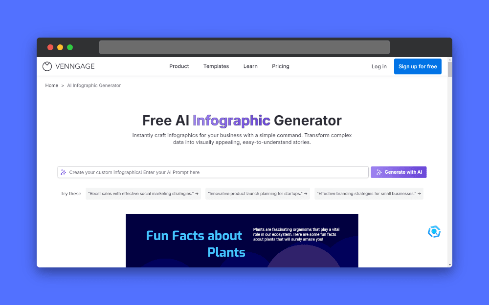 Screenshot of the Venngage AI interface, showing the free AI infographic generator with input fields for AI prompts and example templates, highlighting its ability to generate infographics from detailed outlines.