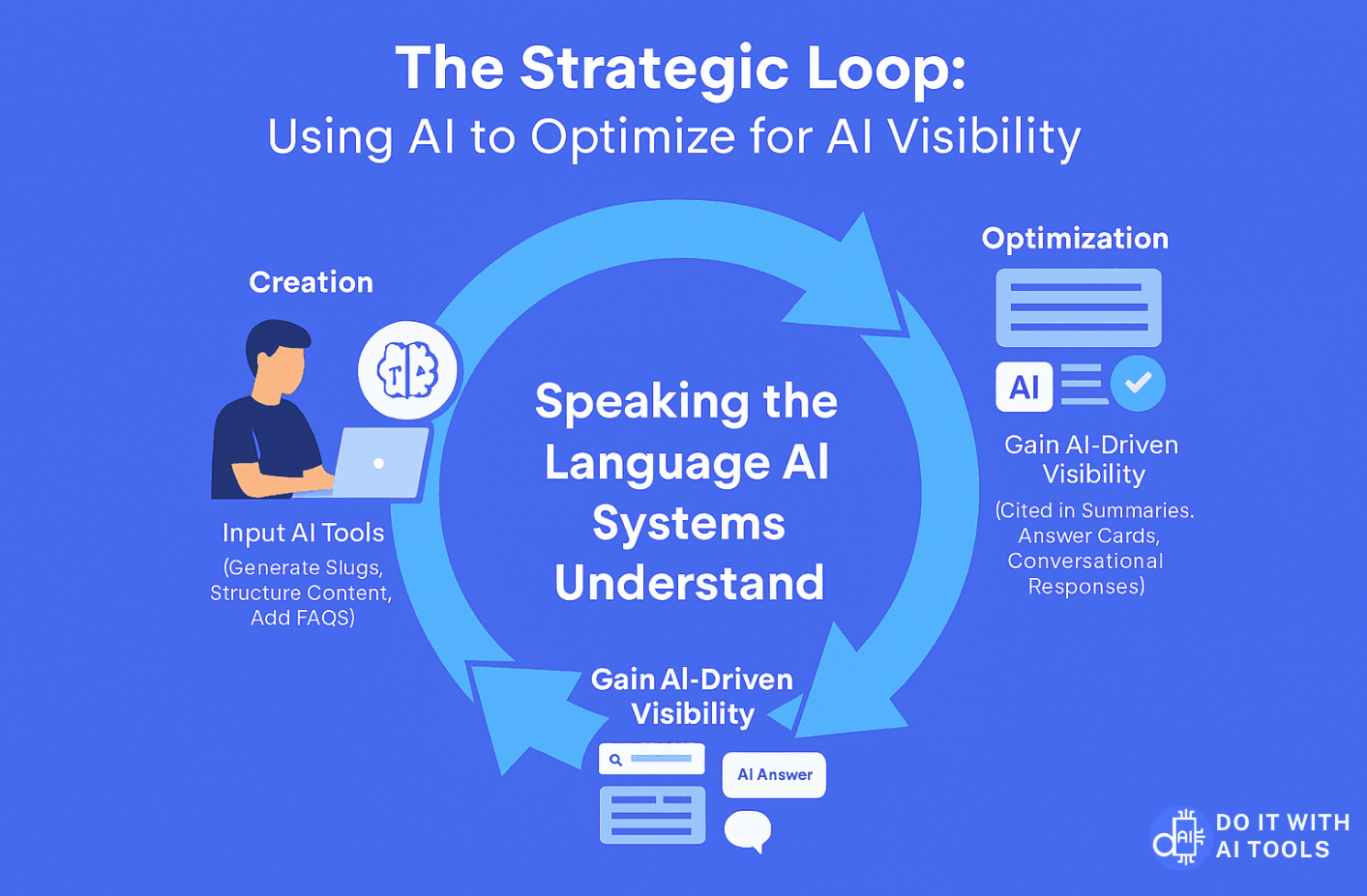 Infographic titled 'The Strategic Loop: Using AI to Optimize for AI Visibility.' The circular flow diagram, on a blue background, demonstrates that optimization is a continuous process. It moves from 'Creation' (Input AI Tools for Slugs & Structure) to 'Optimization' (Achieve Consistency & Precision), and finally to 'Gain AI-Driven Visibility' (Cited in Summaries, Answer Cards). The center of the loop is labeled 'Speaking the Language AI Systems Understand'