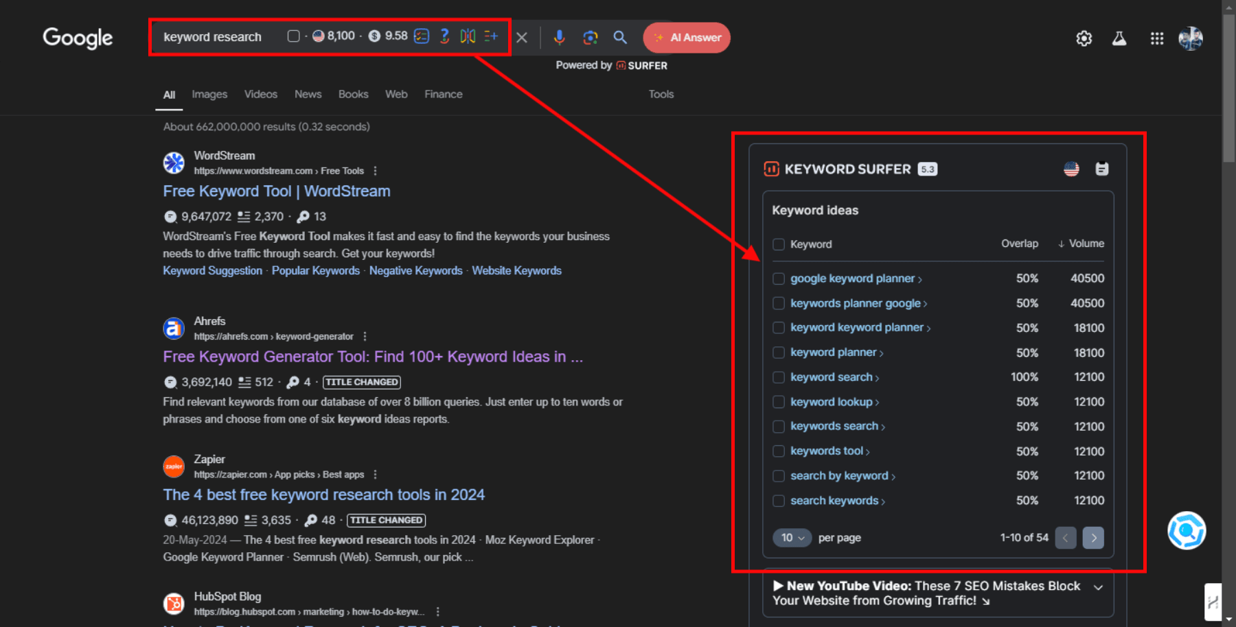 Google search results with Keyword Surfer overlay, displaying keyword ideas, overlap percentages, and search volumes.