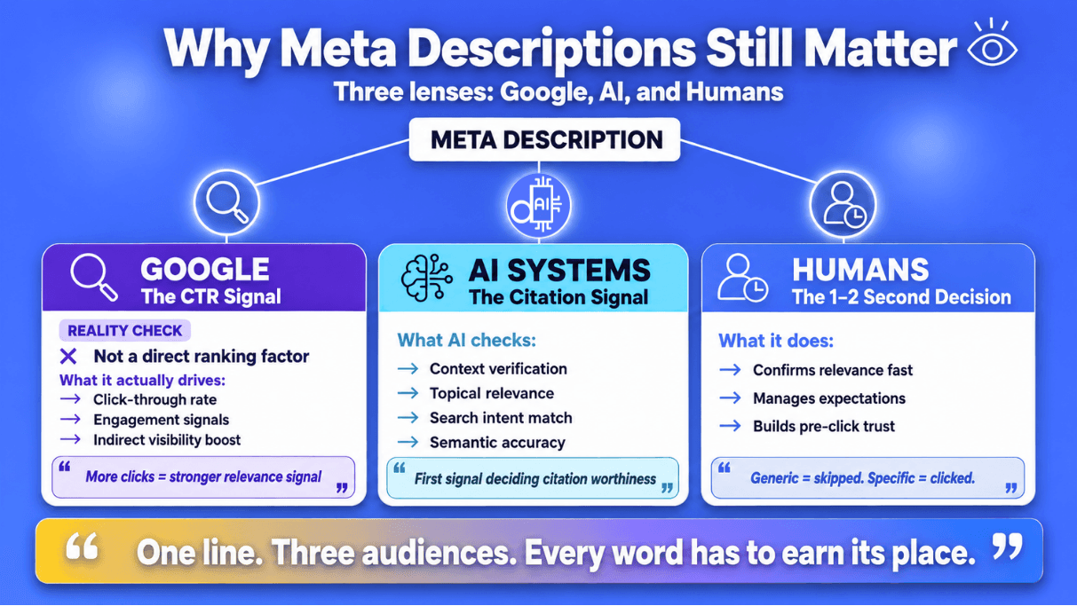 An infographic diagram titled "Why Meta Descriptions Still Matter" breaking down three key perspectives: Google (CTR and engagement signals), AI systems (context verification and citation signals), and human users (fast relevance confirmation and trust building).