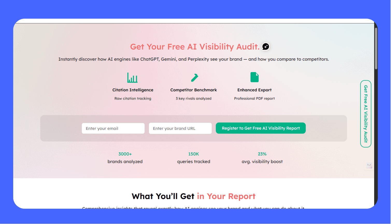 Screenshot of the GoVisible.ai Free AI Visibility Audit tool. The page encourages users to 'Get Your Free AI Visibility Audit,' which instantly discovers how AI engines like ChatGPT, Gemini, and Perplexity perceive their brand and compares them to competitors, detailing Citation Intelligence and Competitor Benchmarks.