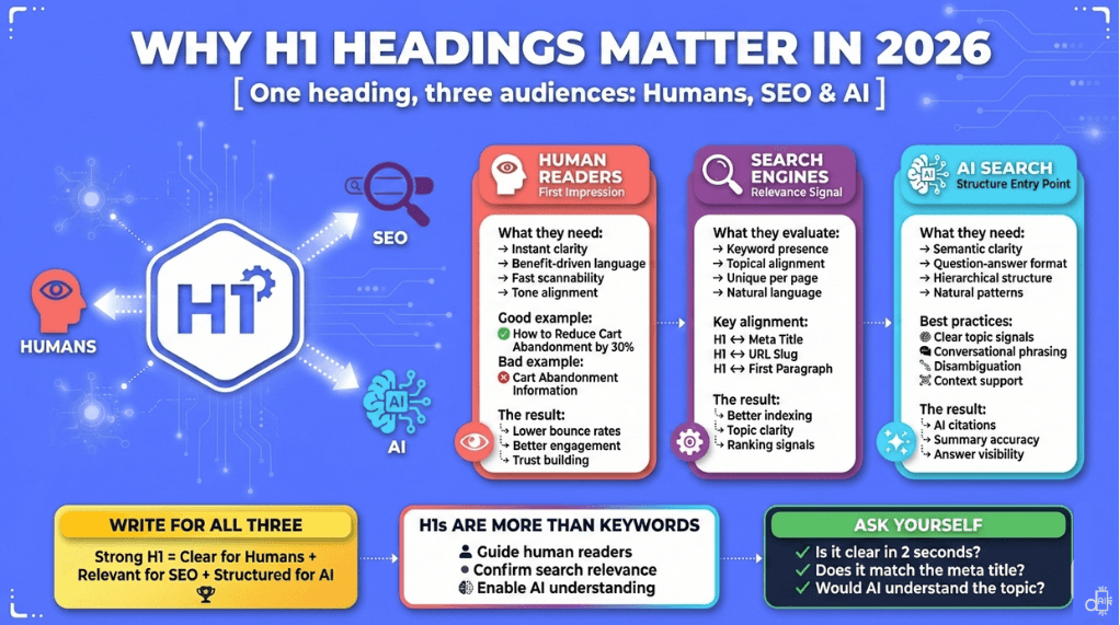 This detailed infographic on a blue background titled Why H1 Headings Matter in 2026 illustrates the triple-purpose role of the h1 title for humans, SEO, and AI. The visual displays three panels explaining that humans need instant clarity, search engines require keyword alignment, and AI systems utilize the heading as a structural entry point for summaries. A concluding checklist emphasizes that a strong h1 title must be clear in two seconds and perfectly match the user's intent to secure AI citations and lower bounce rates.