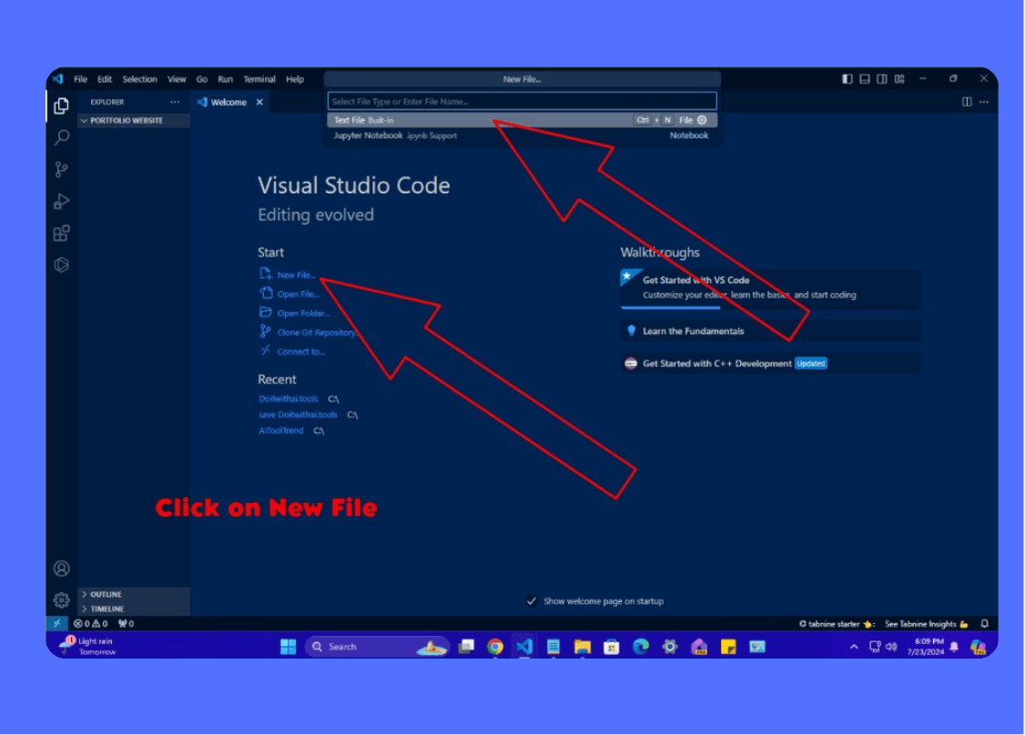 Screenshot of Visual Studio Code with red arrows pointing to the 'New File' option and the 'Select File Type or Enter File Name' input, along with the text 'Click on New File,' illustrating the creation of a new HTML file.