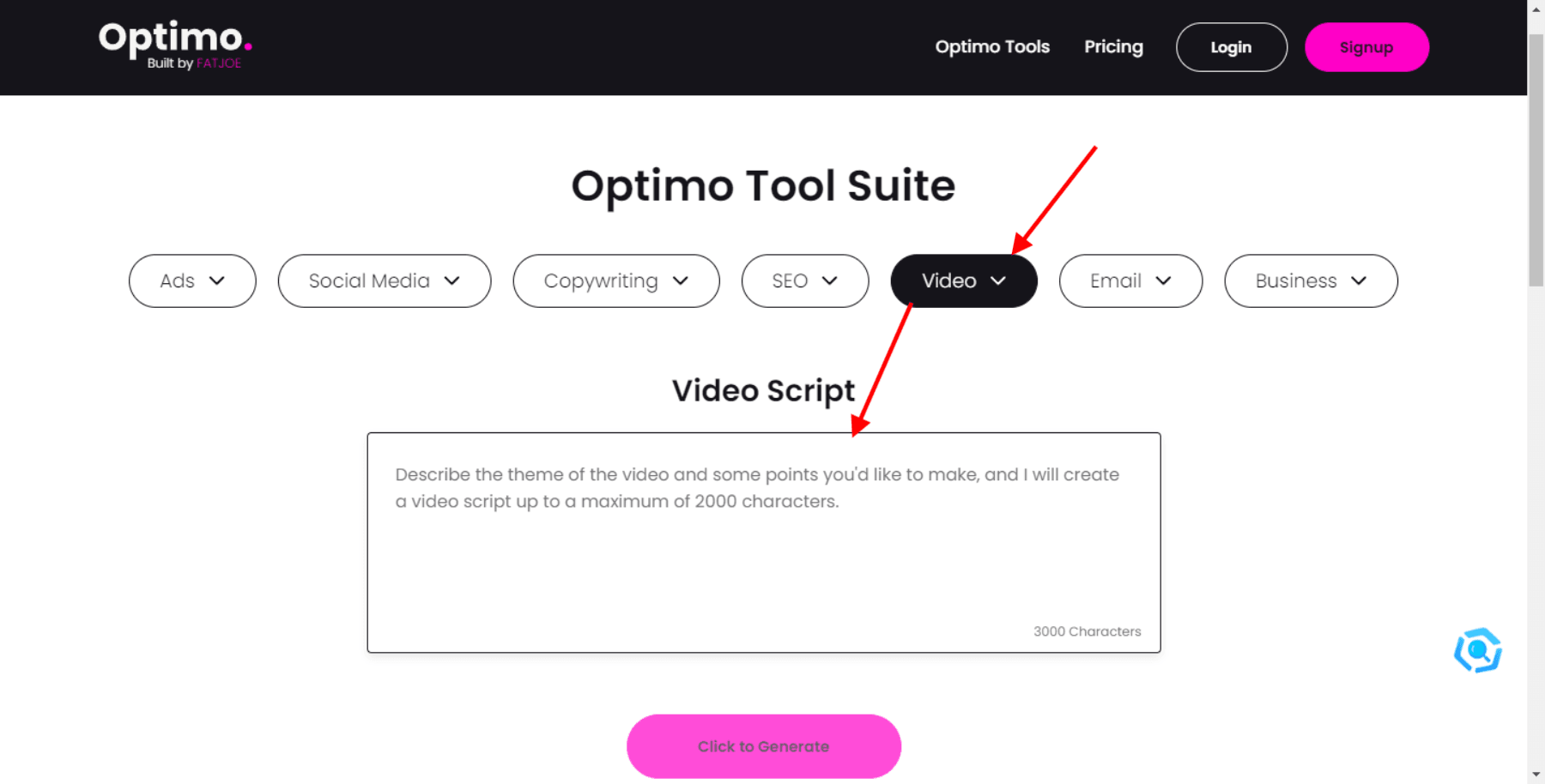 Screenshot of the Optimo AI interface, specifically the 'Video Script' tool, showing input fields for describing the video theme and generating a script.
