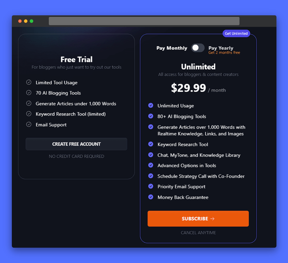 RightBlogger pricing plans: Comparison of Free Trial and Unlimited options. Free Trial offers limited tool usage, 70 AI blogging tools, articles under 1000 words, limited keyword research, and email support. Unlimited plan ($29.99/month) provides unlimited usage, 80+ AI blogging tools, articles over 1000 words with real-time knowledge, full keyword research, chat, MyTone & Knowledge Library access, advanced tool options, strategy call, priority support, and money-back guarantee. Screenshot shows plan comparison table.